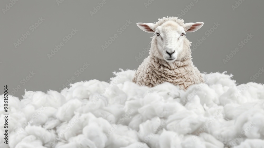 Obraz premium A fluffy sheep emerges from a cloud of soft, white cotton, creating a whimsical and serene image perfect for various themes.