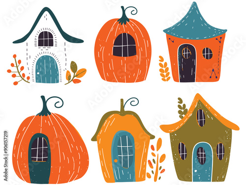 Quaint pumpkin houses cartoon illustration, fantasy village homes fairytale settings. Handdrawn unique dwellings, playful pumpkinshaped houses, artistic autumn decor. Whimsical pumpkin cottages