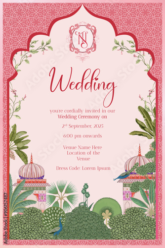 Traditional Indian Mughal Wedding Day Invitation Card Design with arch, NT monogram with crest, Mughal Decorated Dome, Red background tropical tree, Pichwai art vector illustration.