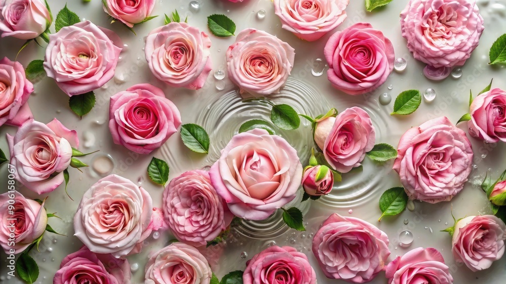 Top above view of pink rose flowers with water, copy space. Summer nature cosmetic beauty product, beautiful fresh decoration, luxury elegance template, female wedding wallpaper Top above view of pink rose flowers with water, copy space. Summer nature cosmetic beauty product, beautiful fresh decoration, luxury elegance template, female wedding wallpaper