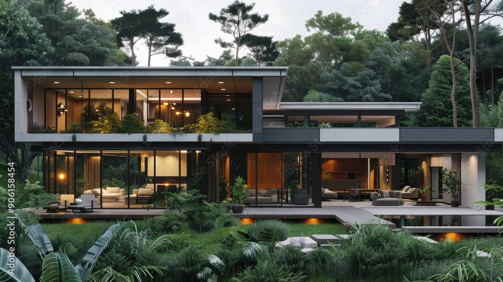 Modern house exterior with clean lines and large windows Modern house exterior with clean lines and large windows