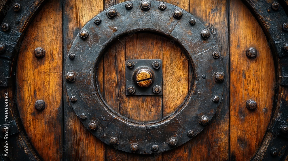 Antique wooden door with circular iron reinforcement Antique wooden door with circular iron reinforcement