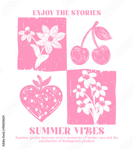 slogan typography with hand drawn flowers and fruits, vector illustration, For t-shirt graphic