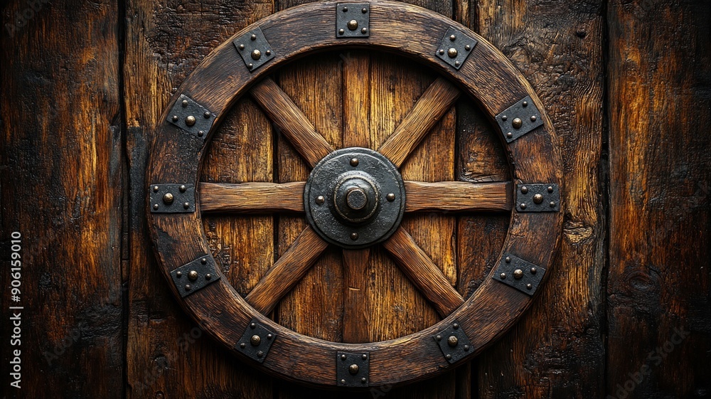 Fototapeta premium Antique Wooden Wheel on a Rustic Door