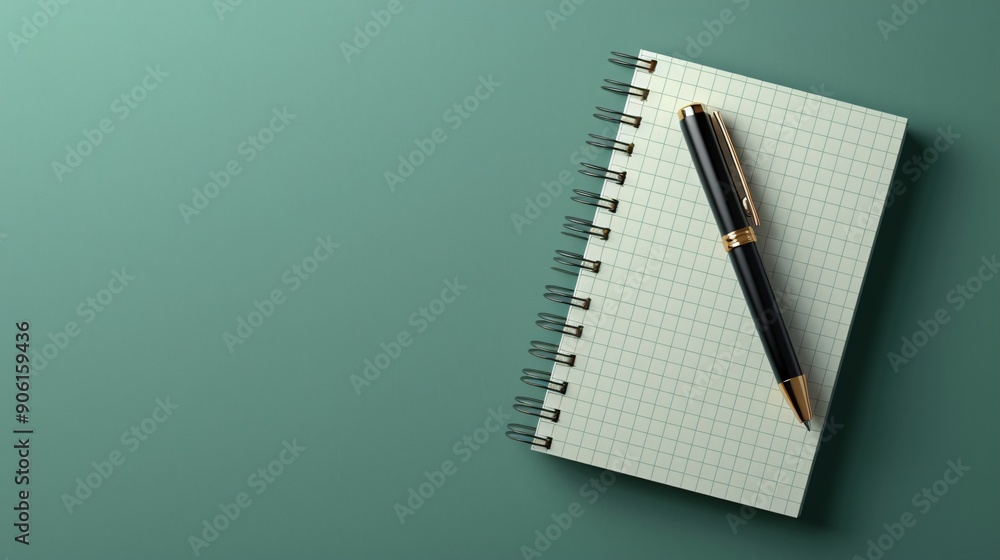 Spiral Notebook and Pen on a Green Background Spiral Notebook and Pen on a Green Background