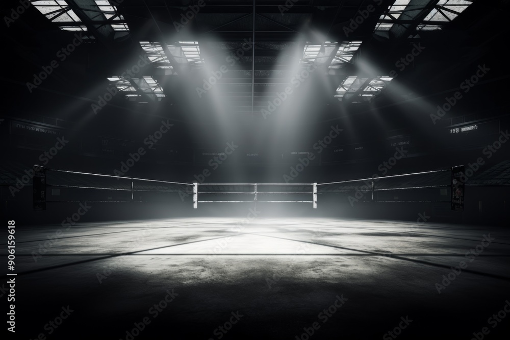 Illuminated boxing and wrestling rings in futuristic settings.