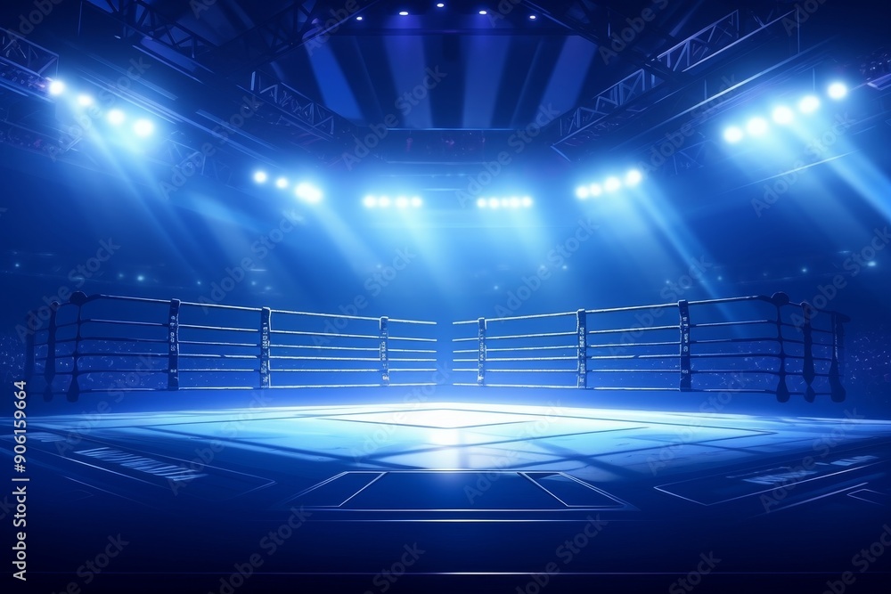 Illuminated boxing and wrestling rings in futuristic settings.