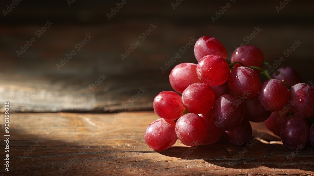 A bunch of grapes on a rustic wooden table, with an intricate interplay of light and shadow creating a dramatic effect A bunch of grapes on a rustic wooden table, with an intricate interplay of light and shadow creating a dramatic effect