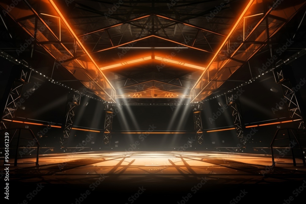 Illuminated boxing and wrestling rings in futuristic settings.