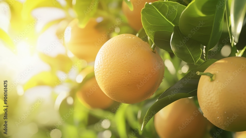 A grapefruit tree branch with ripe fruit and green leaves, captured with natural sunlight filtering through, creating a serene outdoor scene A grapefruit tree branch with ripe fruit and green leaves, captured with natural sunlight filtering through, creating a serene outdoor scene