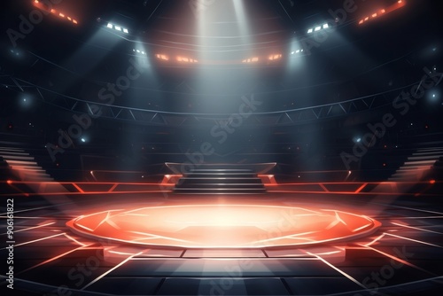 Illuminated boxing and wrestling rings in futuristic settings.