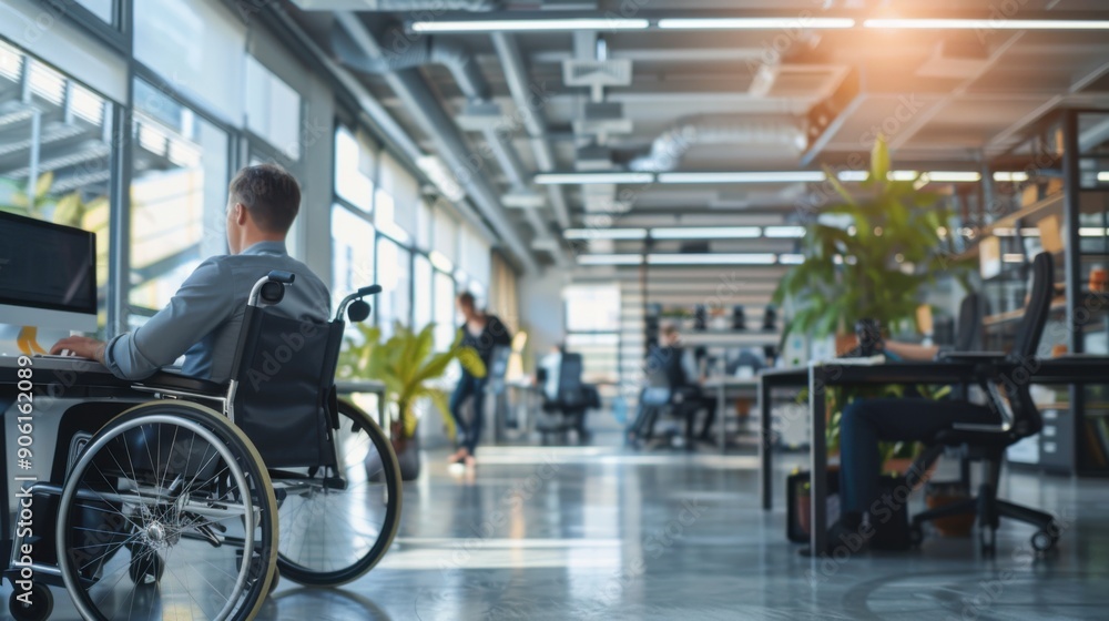 Disabled man at work at a computer. Guy in a wheelchair in the office ...