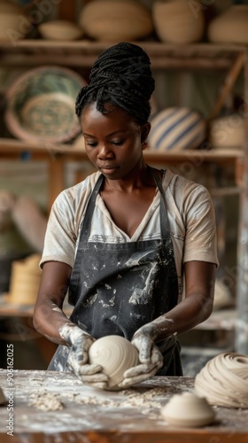 a african american woman working with a ball of clay in her workshop, clay art, Pottery Workshop