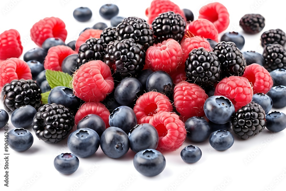 wild berries mix, raspberry, blueberries, blackberries and mint leaf isolated on white background wild berries mix, raspberry, blueberries, blackberries and mint leaf isolated on white background