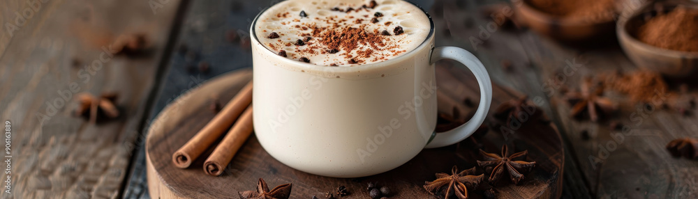 A glass of coffee with a sprinkle of cinnamon on top. The coffee is in a cup and is sitting on a table A glass of coffee with a sprinkle of cinnamon on top. The coffee is in a cup and is sitting on a table