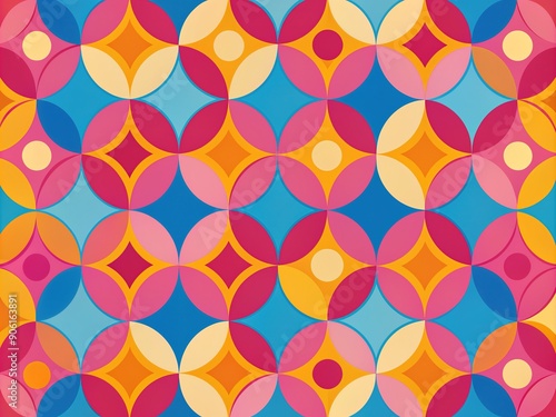 Vibrant retro-colored abstract background featuring overlapping circles and squares in shades of pink, blue, yellow, and orange, evoking a sense of playful geometry. photo