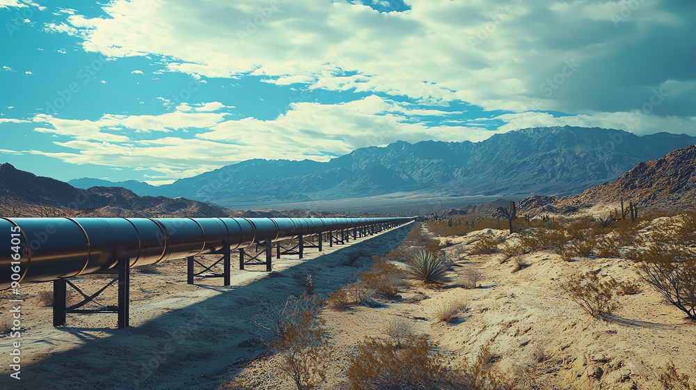 Long Pipeline Stretching Across Arid Desert Landscape With Mountains in Background Under Cloudy Sky Long Pipeline Stretching Across Arid Desert Landscape With Mountains in Background Under Cloudy Sky