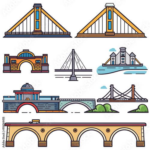 Collection colorful bridge illustrations featuring various architectural styles. Bridges over water land, showcasing different construction designs. Vibrant colors clear outlines cartoon, flat