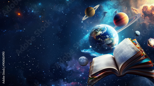 Globe, planets and open book against starry sky. World Science Day for Peace and Development. Space exploration concept. Horizontal banner. Free space for text. World youth skills day photo