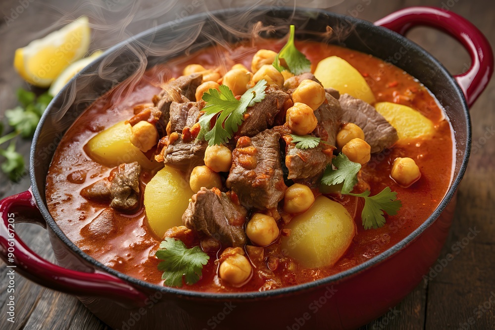 A mouthwatering image of a savory chickpea and potato curry with tender beef chunks A mouthwatering image of a savory chickpea and potato curry with tender beef chunks