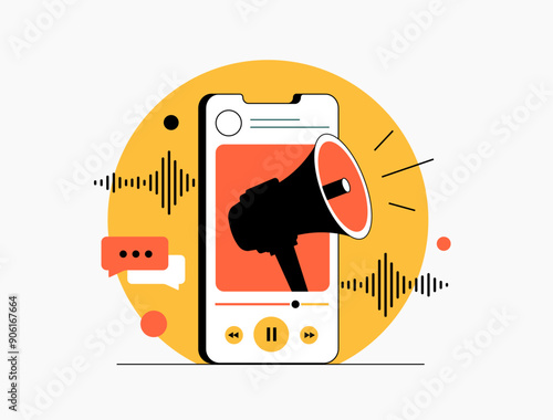 Audio Marketing uses sound-based content - podcasts, music streaming and other sounds production to promote brand. Audio advertising digital content strategy isolated on white vector illustration