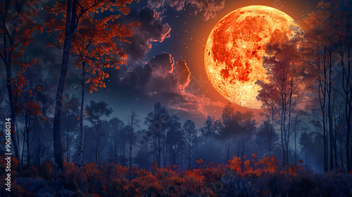 Fantasy landscape with full moon in the night forest. © YULIYA