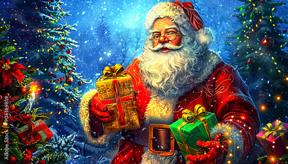 Fototapeta premium Santa Claus Holding Gifts in a Winter Wonderland