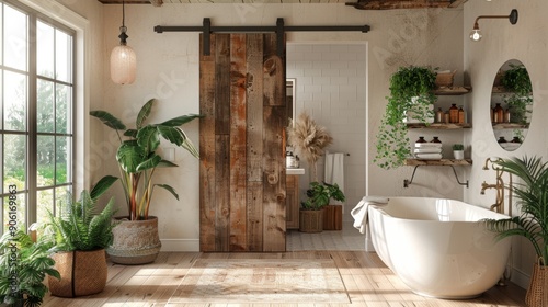 Rustic Charm in a Modern Farmhouse Restroom with Sliding Barn Door and Vintage Fixtures