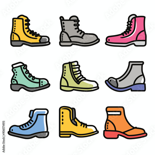 Nine various boots colorful outline cartoon vector illustration isolated white background. Collection different styles footwear ankle high shoes vibrant trendy fashion. Casual sporty city walking