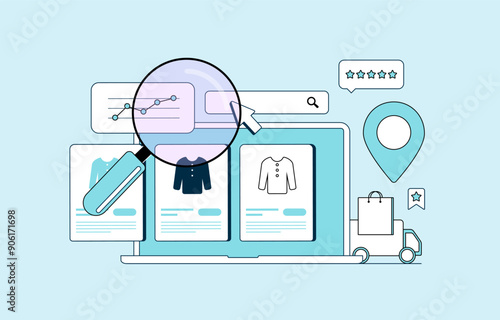 Marketplace SEO optimizes product listings, keywords and titles on e-commerce platforms to improve visibility, search rankings and sales within marketplace. E-commerce SEO strategy vector illustration