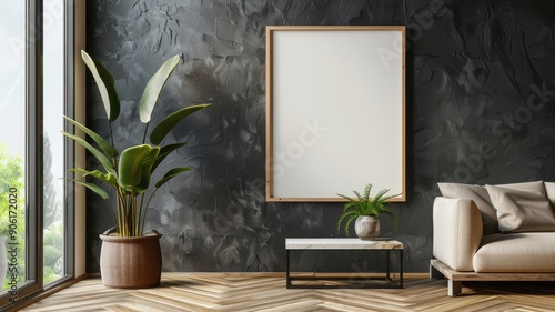 Minimalist living room with oversized blank frame and coffee table for product presentation.