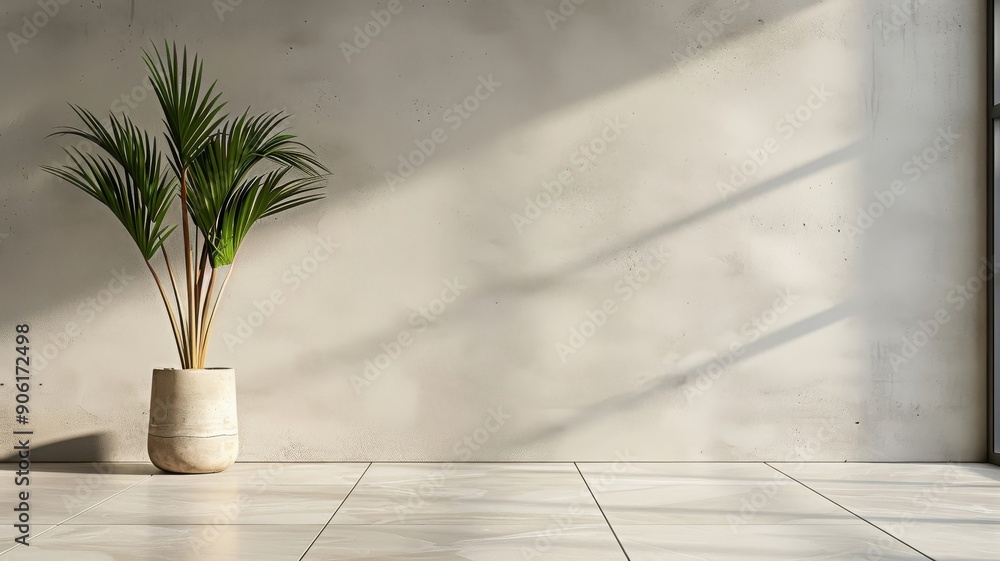 Fototapeta premium Minimalist beige room with textured wall and natural lighting.