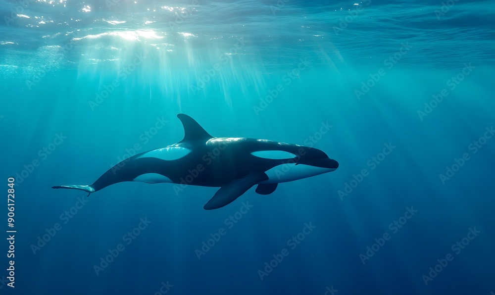 Fototapeta premium orca whale swimming near the surface,, Generative AI