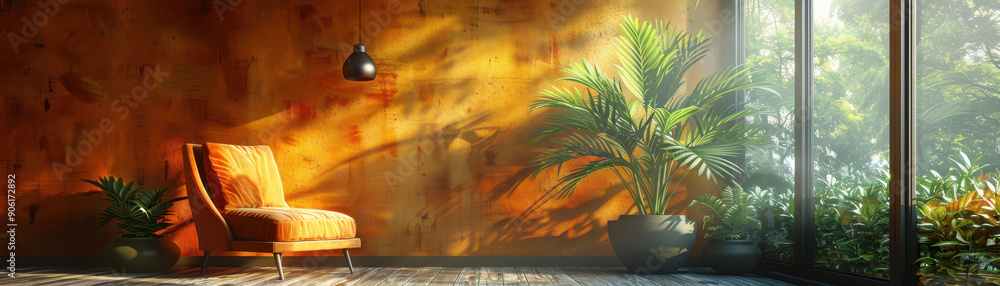 Fototapeta premium A white chair sits in front of a large window, with a potted plant in the foreground. The room is bright and airy, with a light green wall and a tan accent wall