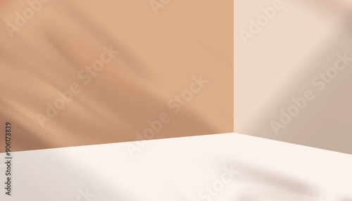 Background Product Display Studio with shadow leaves on cement floor,Beige Backdrop 3D Display Podium Stand Concept for Autumn Sale,Online shop,Vector Banner for Summer promote