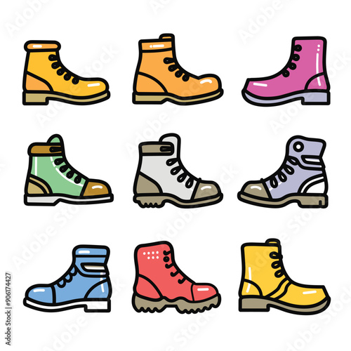 Collection various colorful boots, styled differently, flat design. Set vector boots includes casual, sport, rugged styles. Footwear illustrations feature primary colors, laces, soles, isolated