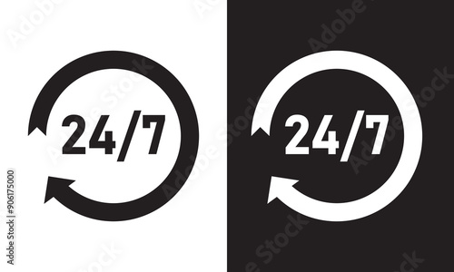 24/7 Service open 24 h hours a day and 7 days a week icon. Shop support logo symbol sign button. Isolated on white and black background. Vector illustrator . EPS 10