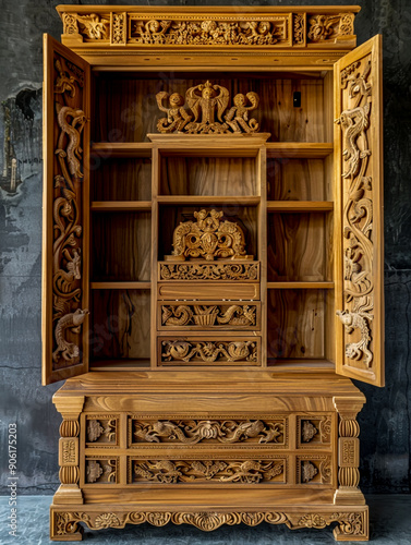 Misbranded Checksum Indian-style carved wooden kitchen cabinet. photo