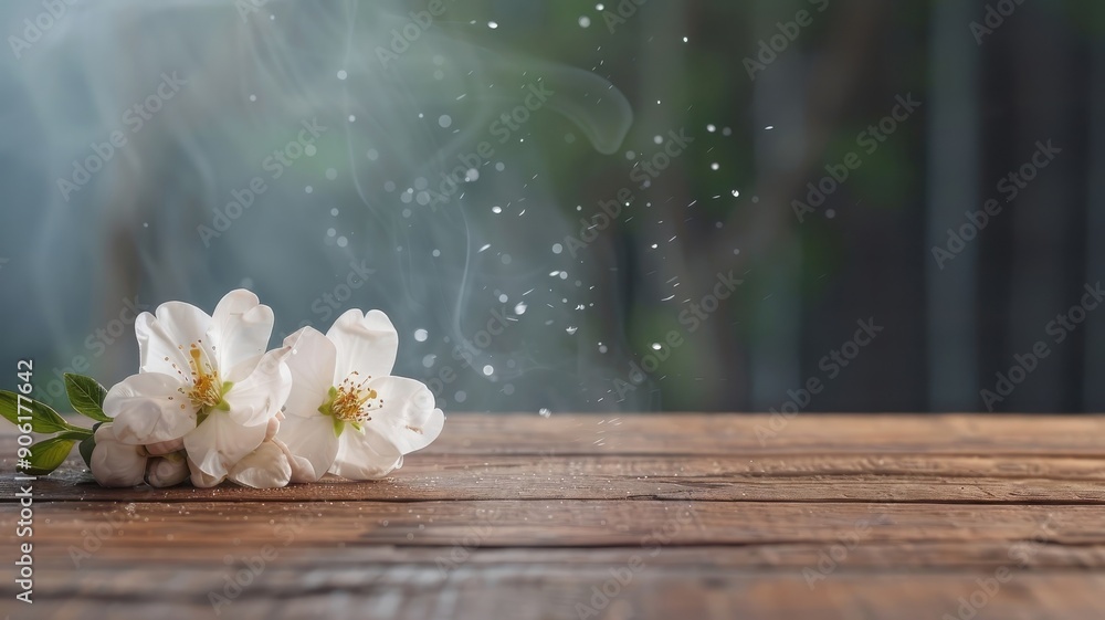 Fototapeta premium Close-up of wooden table with flower surrounded by swirling mist.
