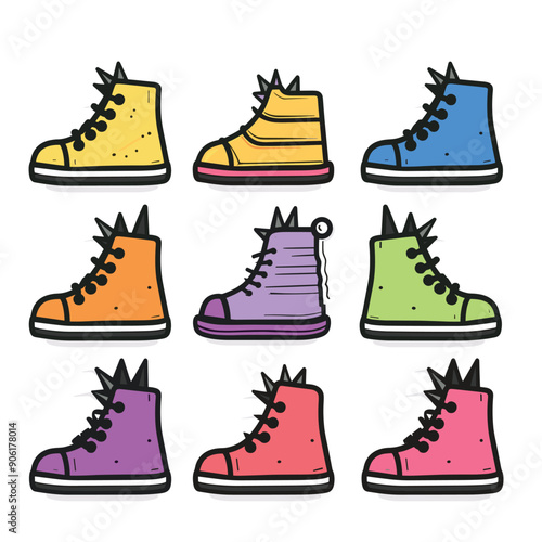 Collection colorful sneakers cartoon style isolated white background. Set nine diverse sneakers different colors playful design. Funky footwear fashion vibrant illustration