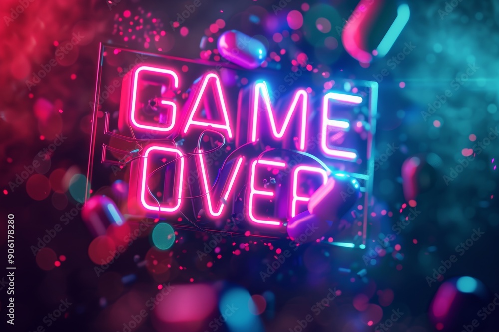 Glitched Neon Game Over Title with Motion Particles Generative AI Glitched Neon Game Over Title with Motion Particles Generative AI