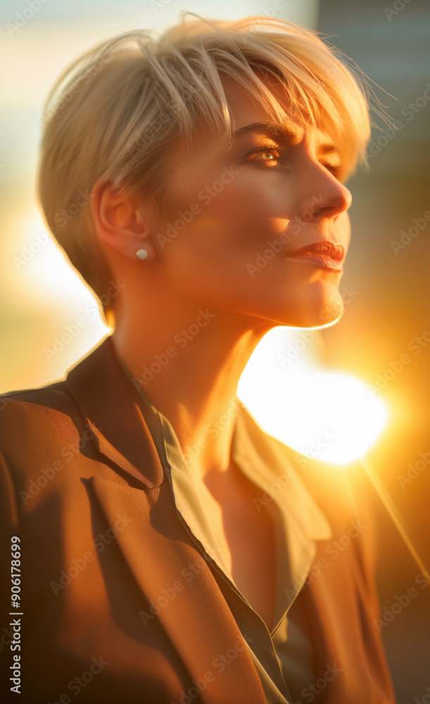 Fototapeta premium A beautiful and successful businesswoman with short blond-white hair and green eyes, standing in her business cabin, deep in thought