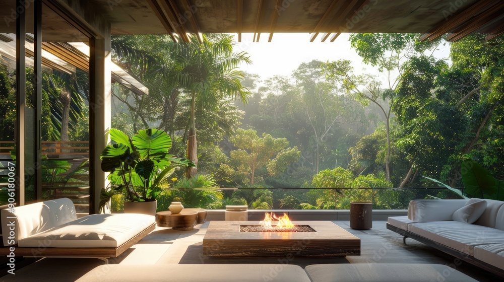 Fototapeta premium A high-end terrace lounge with a minimalist design, featuring an elegant fire table, white sofas, and a serene view of a lush forest.