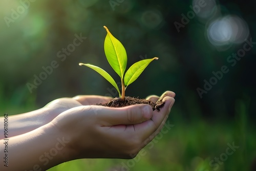 environment Earth Day In the hands of trees growing seedlings. Bokeh green Background Female hand holding tree on nature field grass Forest conservation concept Generative AI