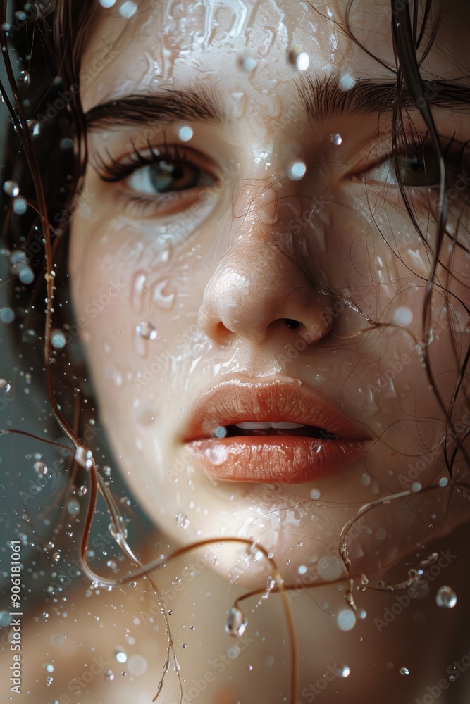 Beautiful Young Woman with Water Droplets on Her Face, Close-up Portrait Generative AI Beautiful Young Woman with Water Droplets on Her Face, Close-up Portrait Generative AI
