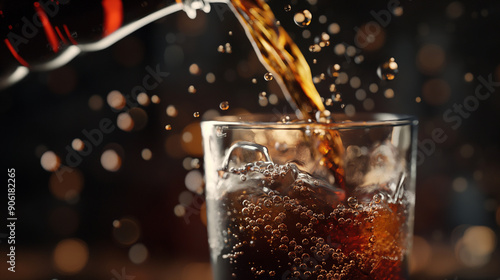 3D rendering of cola being poured into a glass. The glass is filled with a dark brown liquid and bubbles. A dark background with a bottle pouring the liquid from the top left corner.