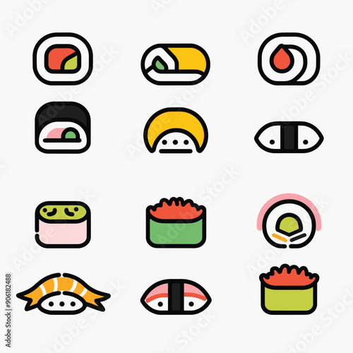 Colorful assorted sushi sashimi icons, Japanese cuisine. Set different sushi rolls nigiri, minimalist cartoon style, icons various ingredients, fish, rice, seaweed, vector design