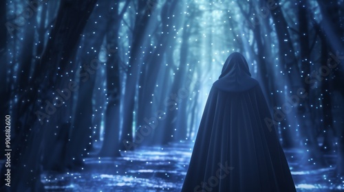 Cloaked wanderer in an enchanted forest, moonbeams breaking through the canopy, casting intricate shadows on the ground