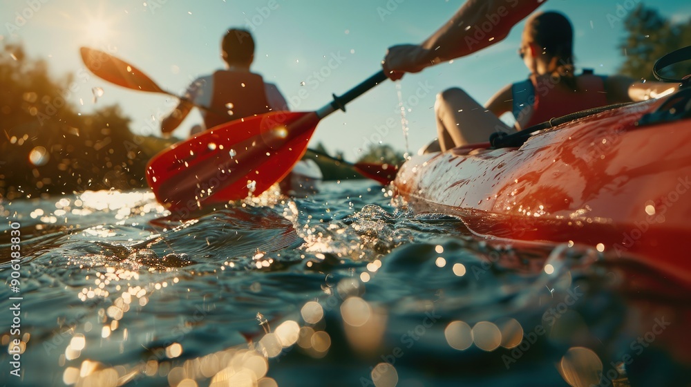 Fototapeta premium Couple paddles canoe in the river and bright natural background, AI generated for ads