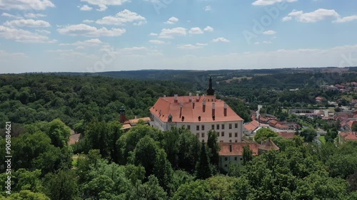 Aerial view of the ancient castle historical monument Namest nad Oslavou in the Czech Republic on a sunny summer day photo